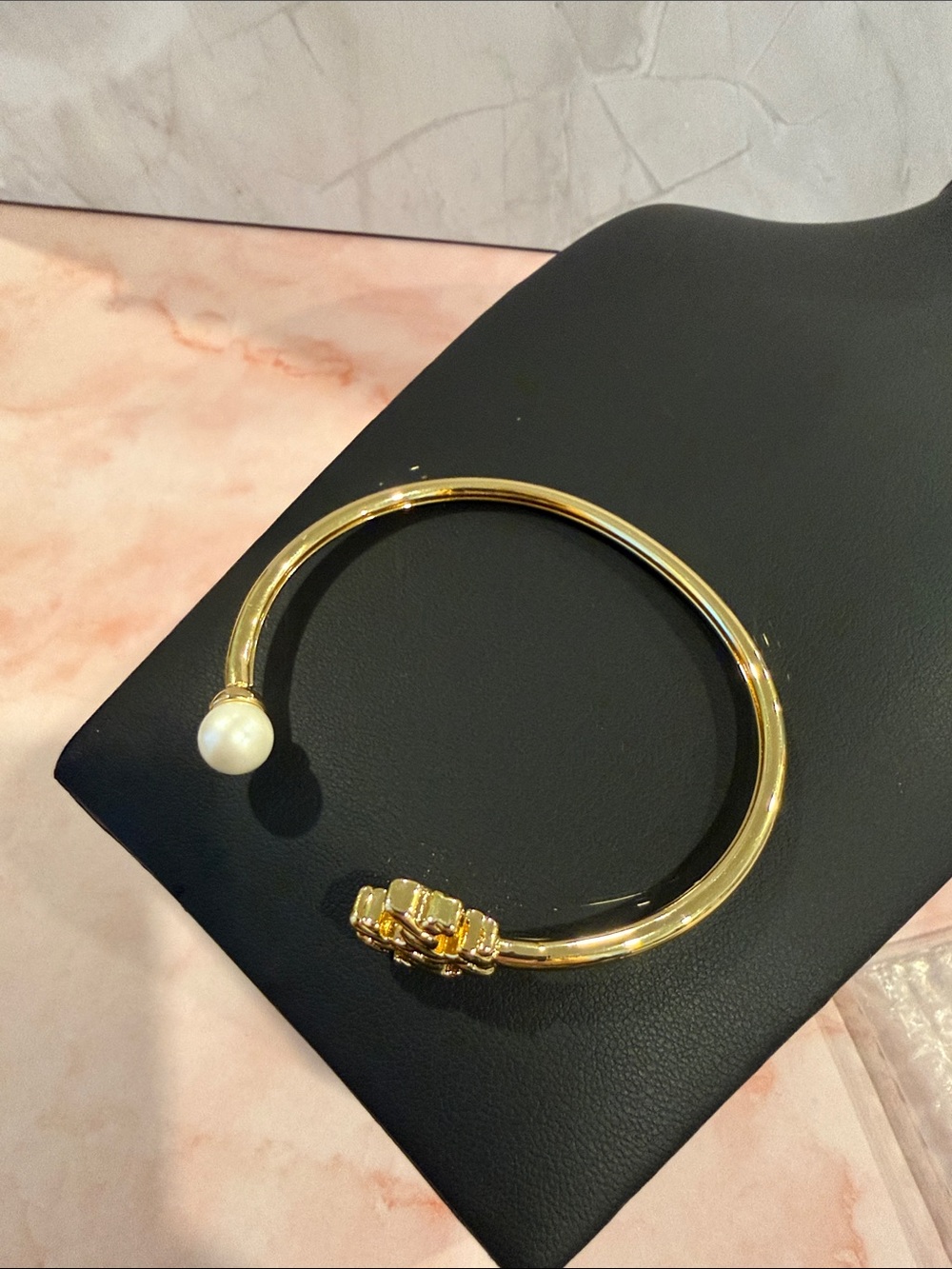 Tory Burch | Gold Plated Grooved Logo & Pearl Accent Open Cuff Bracelet - Picture 4 of 4